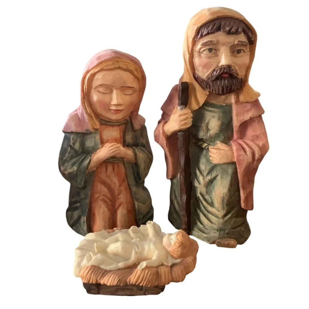 World Market Carved Faux Wood Folk Art Nativity Scene Figures Shelf Sitters 6Pc